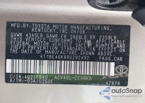 2009 Toyota Camry Le из США, поврежденный, VIN 4T1BE46K89U292492